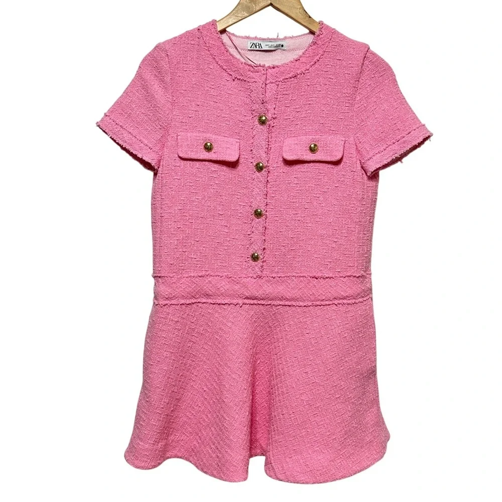 Zara Tweed Mini Dress Womens Small Pink Short Sleeve Blogger Fave Preppy *Flaw - Picture 1 of 15